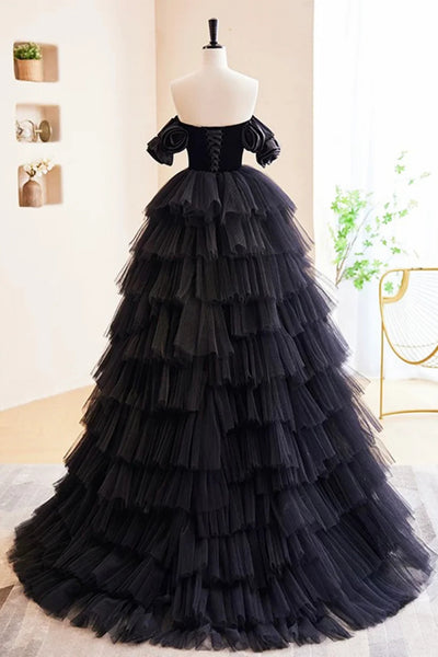 Black Tulle Off Shoulder Sweetheart Neck Layered Long Prom Dresses, Long Black Formal Evening Dresses WT1547