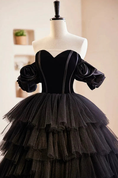 Black Tulle Off Shoulder Sweetheart Neck Layered Long Prom Dresses, Long Black Formal Evening Dresses WT1547