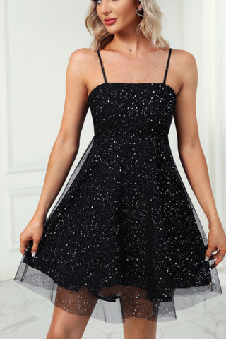 Black Tulle Shiny A Line Spaghetti Straps Short Prom Dresses, Black Homecoming Dresses WT1485