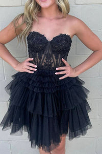 Black Tulle Strapless Sweetheart Neck Lace Short Prom Dresses, Black Lace Homecoming Dresses WT1513