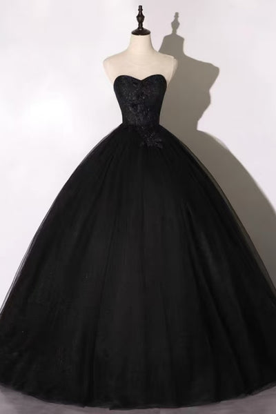 Black Tulle Sweetheart Neck Lace Long Prom Dresses, Black Lace Formal Graduation Evening Dresses WT1710
