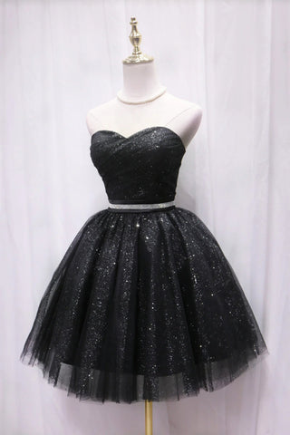 Black Tulle Sweetheart Neck Short Prom Dresses with Belt, Black Tulle Homecoming Dresses, Strapless Black Formal Evening Dresses WT1289