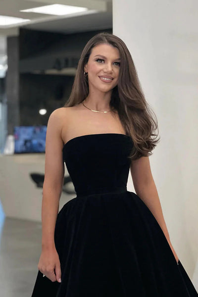 Black Velvet Strapless Short Prom Dresses, Black Velvet Homecoming Dresses, Black Formal Evening Dresses WT1311