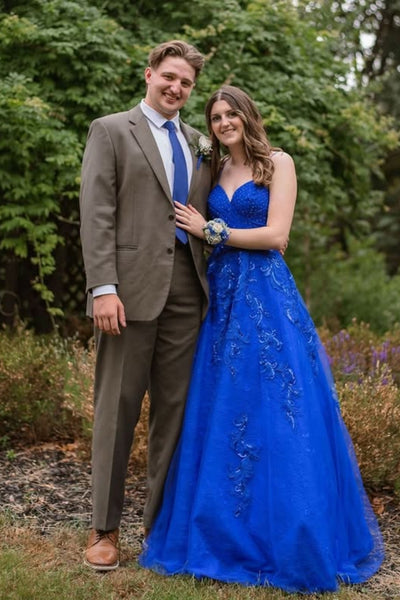 Blue A Line V Neck Lace Long Prom Dresses, Blue Lace Formal Dresses, Blue Evening Dresses WT1798
