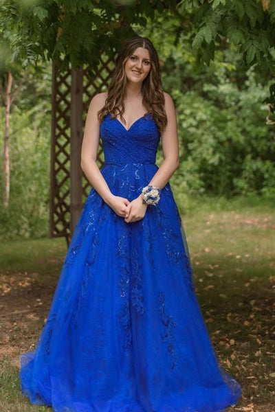 Blue A Line V Neck Lace Long Prom Dresses, Blue Lace Formal Dresses, Blue Evening Dresses WT1798