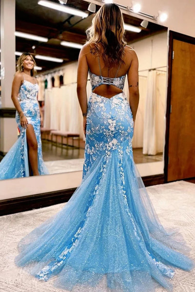 Blue Backless Mermaid Lace Long Prom Dresses, Mermaid Blue Lace Formal Dresses, Blue Evening Dresses WT1327