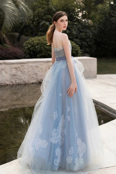 Blue Lace Strapless A Line Long Prom Dresses, Blue Lace Formal Dresses, Long Blue Evening Dresses WT1325