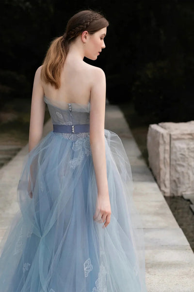 Blue Lace Strapless A Line Long Prom Dresses, Blue Lace Formal Dresses, Long Blue Evening Dresses WT1325