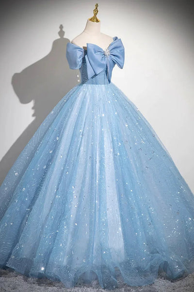 Blue/Pink Tulle Off the Shoulder Long Prom Dresses with Bow, Long Blue/Pink Formal Evening Dresses, Ball Gown