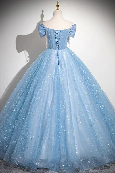 Blue/Pink Tulle Off the Shoulder Long Prom Dresses with Bow, Long Blue/Pink Formal Evening Dresses, Ball Gown