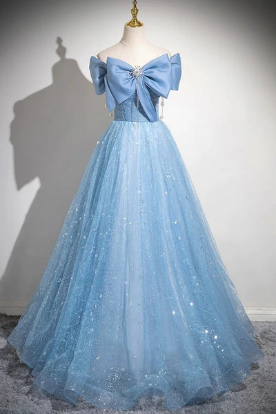 Blue/Pink Tulle Off the Shoulder Long Prom Dresses with Bow, Long Blue/Pink Formal Evening Dresses, Ball Gown