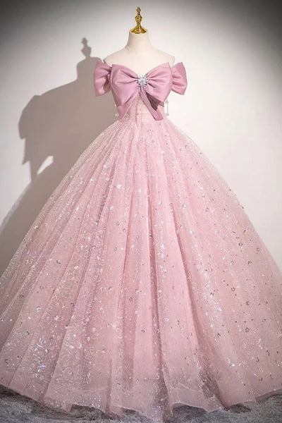 Blue/Pink Tulle Off the Shoulder Long Prom Dresses with Bow, Long Blue/Pink Formal Evening Dresses, Ball Gown