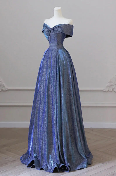 Blue Satin A Line Off Shoulder Long Prom Dresses, Long Blue Formal Dresses, Off the Shoulder Evening Dresses WT1321