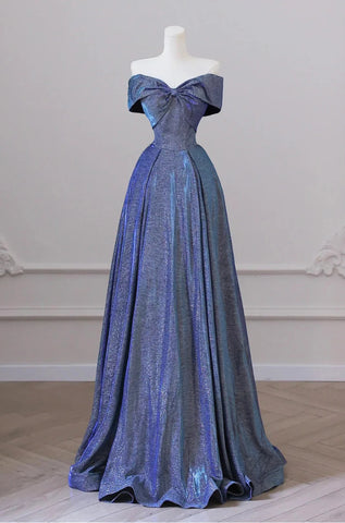 Blue Satin A Line Off Shoulder Long Prom Dresses, Long Blue Formal Dresses, Off the Shoulder Evening Dresses WT1321