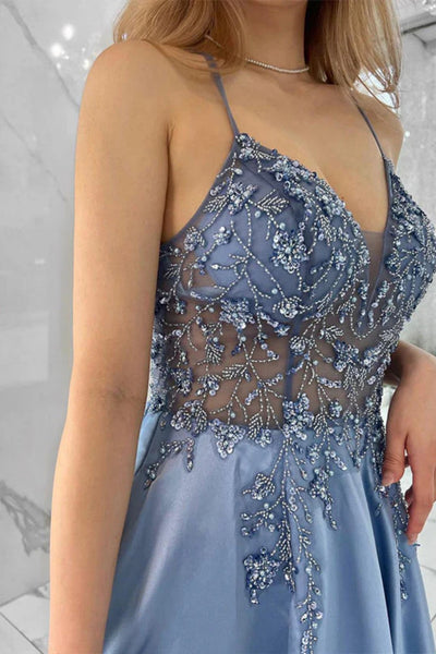 Blue Satin A Line V Neck Beaded Long Prom Dresses, High Slit Blue Formal Dresses, Beaded Blue Evening Dresses