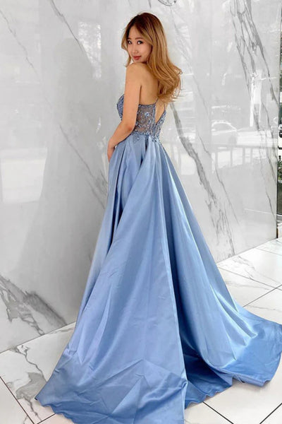 Blue Satin A Line V Neck Beaded Long Prom Dresses, High Slit Blue Formal Dresses, Beaded Blue Evening Dresses
