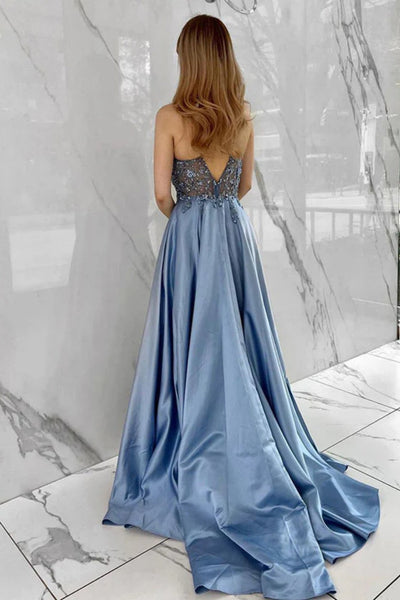 Blue Satin A Line V Neck Beaded Long Prom Dresses, High Slit Blue Formal Dresses, Beaded Blue Evening Dresses