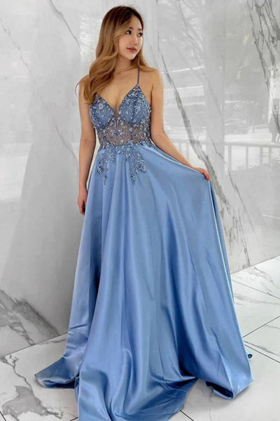 Blue Satin A Line V Neck Beaded Long Prom Dresses, High Slit Blue Formal Dresses, Beaded Blue Evening Dresses