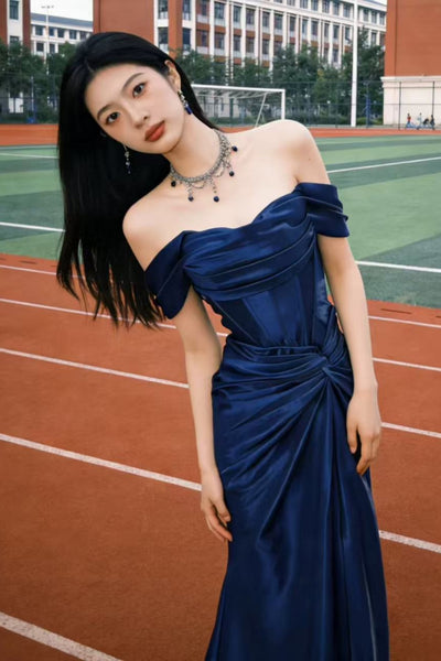 Blue Satin Off the Shoulder Mermaid Long Prom Dresses, Mermaid Blue Formal Dresses, Blue Evening Dresses WT1813