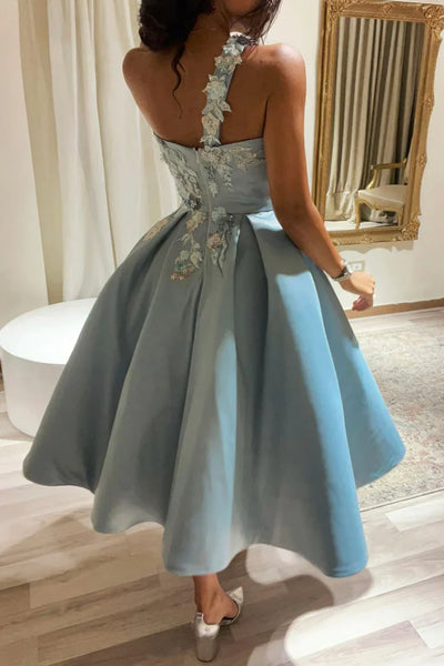 Blue Satin One Shoulder Knee Length Prom Dresses with Appliques, One Shoulder Blue Homecoming Dresses, Blue Formal Evening Dresses WT1491