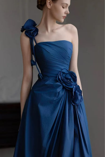 Blue Satin One Shoulder Mermaid Floral Long Prom Dresses, Mermaid Blue Formal Dresses, Blue Evening Dresses with 3D Flowers