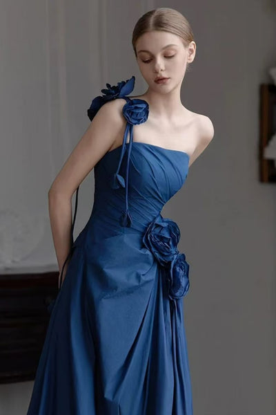 Blue Satin One Shoulder Mermaid Floral Long Prom Dresses, Mermaid Blue Formal Dresses, Blue Evening Dresses with 3D Flowers