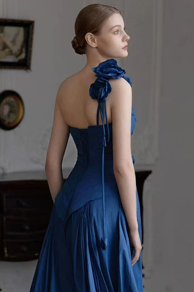 Blue Satin One Shoulder Mermaid Floral Long Prom Dresses, Mermaid Blue Formal Dresses, Blue Evening Dresses with 3D Flowers