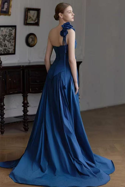 Blue Satin One Shoulder Mermaid Floral Long Prom Dresses, Mermaid Blue Formal Dresses, Blue Evening Dresses with 3D Flowers