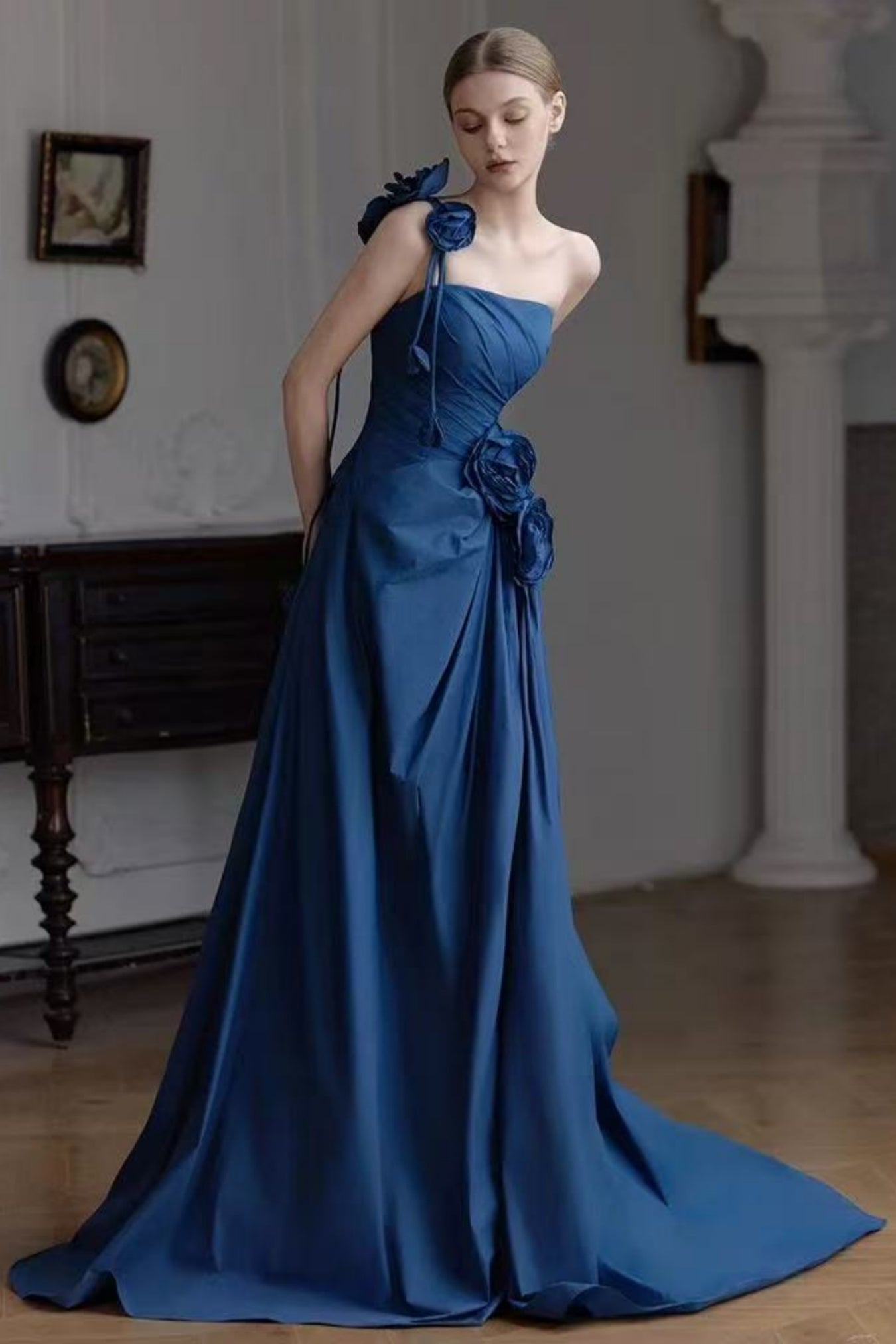 Blue Satin One Shoulder Mermaid Floral Long Prom Dresses, Mermaid Blue Formal Dresses, Blue Evening Dresses with 3D Flowers