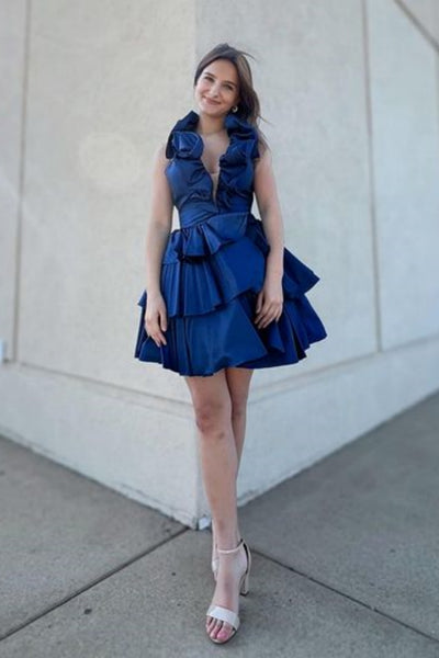 Blue Satin Pretty V Neck Layered Short Prom Dresses, Short Blue Homecoming Dresses WT1506