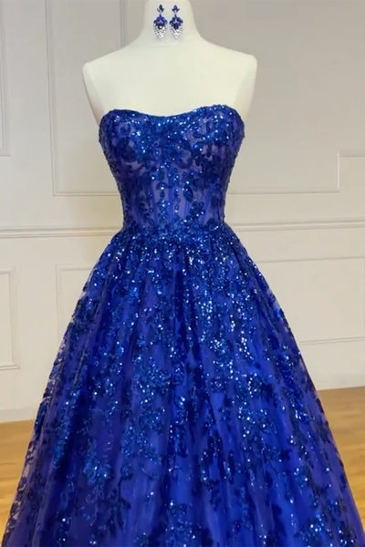 Blue Sequins Lace Strapless Long Prom Dresses, Blue Lace Formal Dresses, Sequins Lace Evening Dresses WT1434