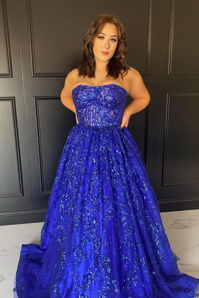 Blue Sequins Lace Strapless Long Prom Dresses, Blue Lace Formal Dresses, Sequins Lace Evening Dresses WT1434