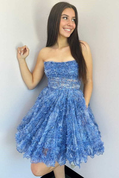 Blue Strapless Printing Lace Prom Dresses, Blue Lace Homecoming Dresses, Short Blue Formal Evening Dresses with Pocket WT1499