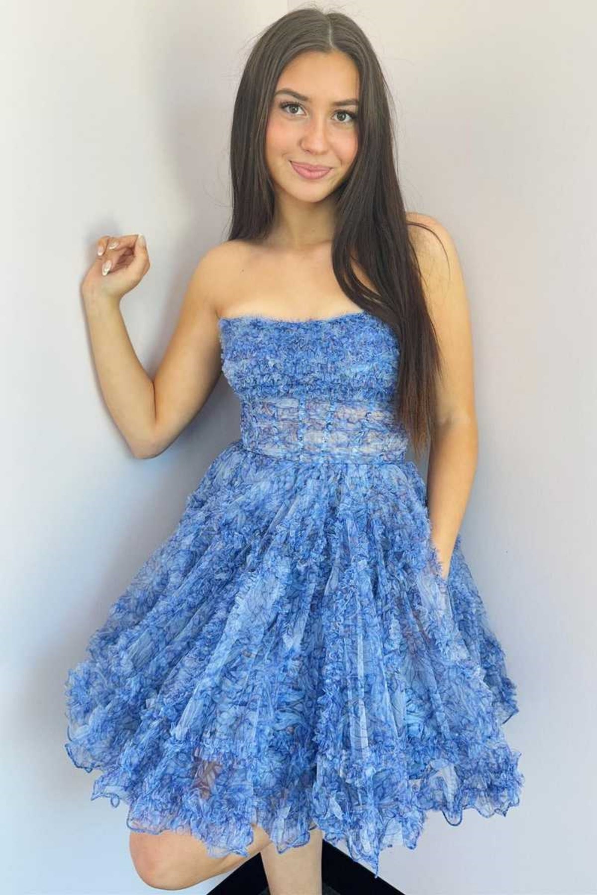 Blue Strapless Printing Lace Prom Dresses, Blue Lace Homecoming Dresses, Short Blue Formal Evening Dresses with Pocket WT1499