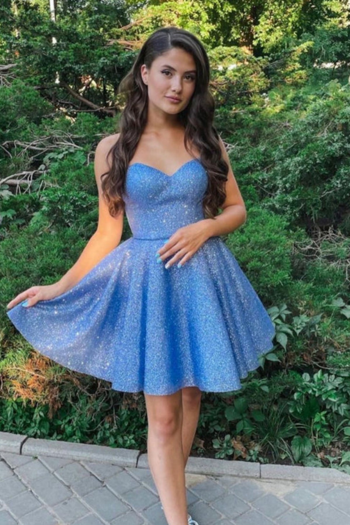 Blue Strapless Short Lace Prom Dresses, Short Blue Lace Homecoming Dresses WT1522