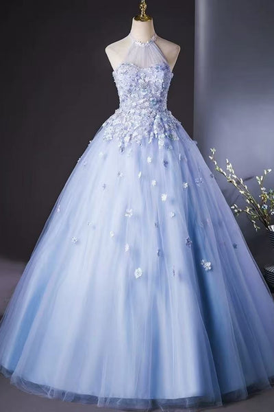 Blue Tulle A Line Halter Neck Lace Floral Long Prom Dresses, Blue Lace Formal Dresses, Blue Evening Dresses with Appliques WT1814