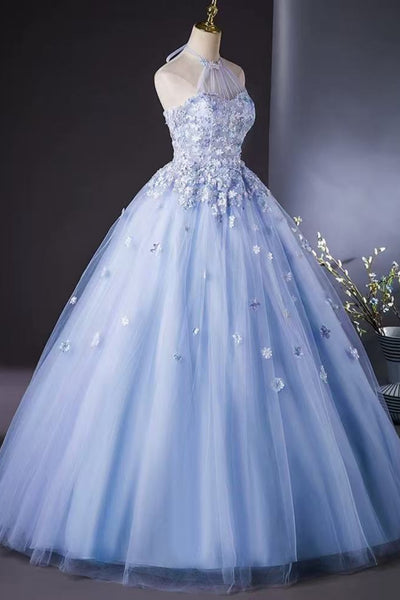 Blue Tulle A Line Halter Neck Lace Floral Long Prom Dresses, Blue Lace Formal Dresses, Blue Evening Dresses with Appliques WT1814