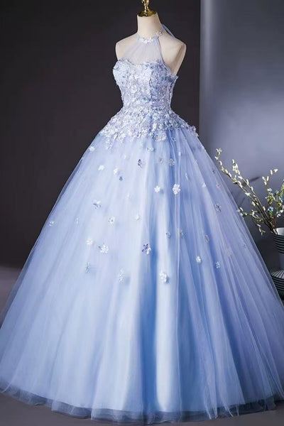 Blue Tulle A Line Halter Neck Lace Floral Long Prom Dresses, Blue Lace Formal Dresses, Blue Evening Dresses with Appliques WT1814