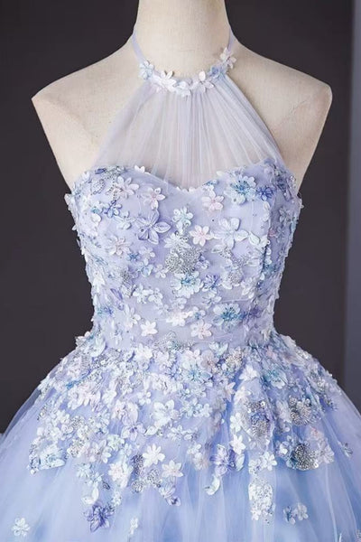 Blue Tulle A Line Halter Neck Lace Floral Long Prom Dresses, Blue Lace Formal Dresses, Blue Evening Dresses with Appliques WT1814
