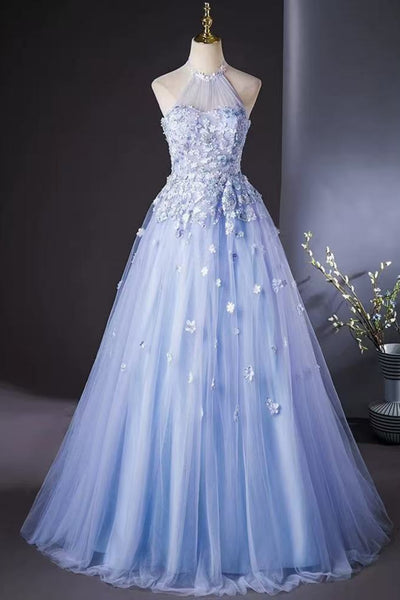 Blue Tulle A Line Halter Neck Lace Floral Long Prom Dresses, Blue Lace Formal Dresses, Blue Evening Dresses with Appliques WT1814