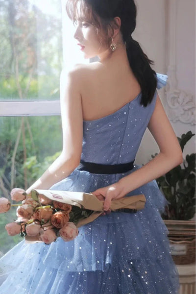 Blue Tulle A Line One Shoulder Layered Short Prom Dresses, One Shoulder Blue Homecoming Dresses WT1673