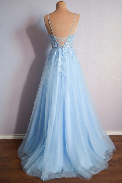 Blue Tulle A Line Open Back V Neck Lace Long Prom Dresses, V Neck Blue Lace Formal Graduation Evening Dresses WT1318