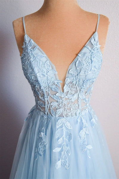 Blue Tulle A Line Open Back V Neck Lace Long Prom Dresses, V Neck Blue Lace Formal Graduation Evening Dresses WT1318