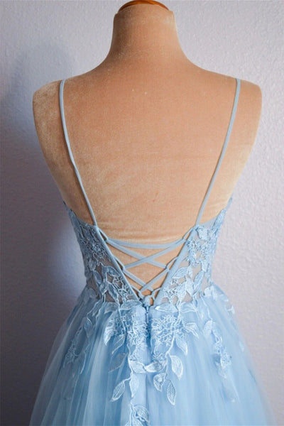 Blue Tulle A Line Open Back V Neck Lace Long Prom Dresses, V Neck Blue Lace Formal Graduation Evening Dresses WT1318