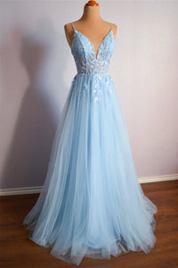 Blue Tulle A Line Open Back V Neck Lace Long Prom Dresses, V Neck Blue Lace Formal Graduation Evening Dresses WT1318