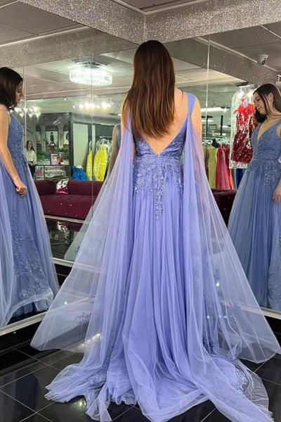 Blue Tulle A Line V Neck Lace Long Prom Dresses, Blue Lace Formal Dresses, Blue Evening Dresses WT1790