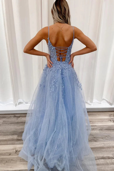 Blue Tulle A Line V Neck Open Back Lace Long Prom Dresses, Blue Lace Formal Dresses, Blue Evening Dresses WT1354