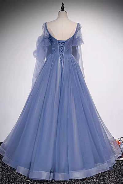 Blue Tulle Long Sleeves Beaded Long Prom Dresses, Long Sleeves Blue Formal Dresses, Blue Evening Dresses WT1241