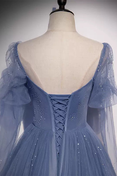 Blue Tulle Long Sleeves Beaded Long Prom Dresses, Long Sleeves Blue Formal Dresses, Blue Evening Dresses WT1241