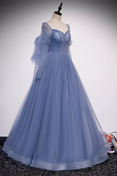 Blue Tulle Long Sleeves Beaded Long Prom Dresses, Long Sleeves Blue Formal Dresses, Blue Evening Dresses WT1241